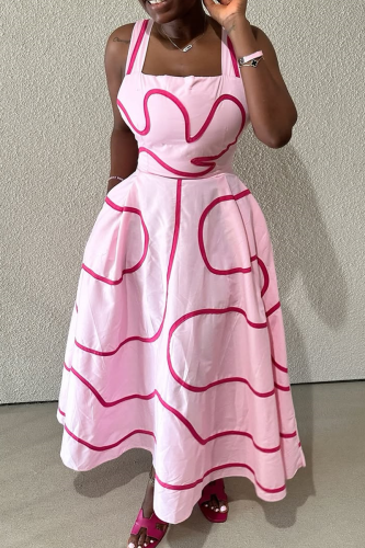 Pink Casual Print Pocket Square Neck Long Dresses