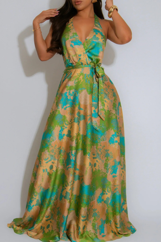 Green Elegant Print Backless Strap Design Halter Long Dresses