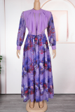 Black Elegant Print With Belt Zipper Flounce O Neck Long Plus Size Dresses