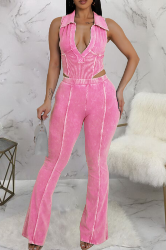 Pink Casual Solid Color Patchwork Turndown Collar Sleeveless Two Pieces