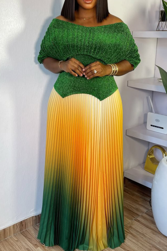 Green Elegant Gradient Pleated V Neck Half Sleeve Two Pieces