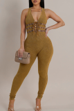 Black Casual Solid Color Strap Design V Neck Skinny Jumpsuits