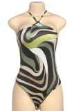 Green Sexy Print Patchwork Spaghetti Strap Skinny Bodysuits