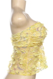 Yellow Sexy Solid Color Lace Sequins Strapless Tops