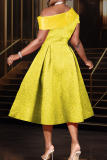 Yellow Prom Solid Color Patchwork Oblique Collar Evening Dresses