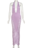 Purple Sexy Solid Color See-Through Backless Ruched Halter Long Dresses
