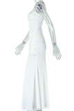 White Sexy Solid Color Hollow Out Asymmetrical Collar Long Dresses
