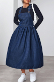 Deep Blue Casual Solid Color Pocket Strap Plus Size Dresses