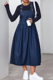 Deep Blue Casual Solid Color Pocket Strap Plus Size Dresses