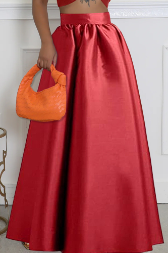 Burgundy Elegant Solid Color Pocket Loose High Waist Speaker Patchwork Bottoms