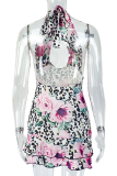 Colour Sexy Print Hollow Out Backless O Neck Wrapped Skirt Dresses