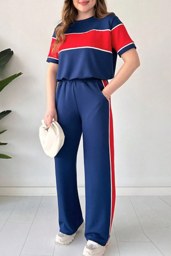 Navy Blue Casual Pocket Contrast O Neck Short Sleeve Two Pieces