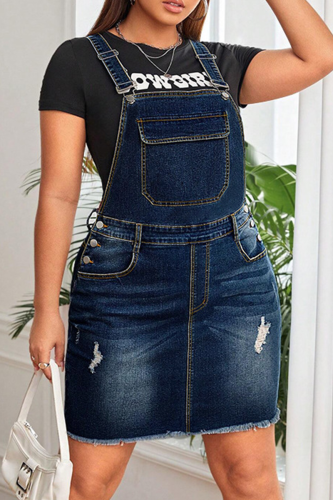 Deep Blue Casual Solid Color Pocket Strap Plus Size Dresses