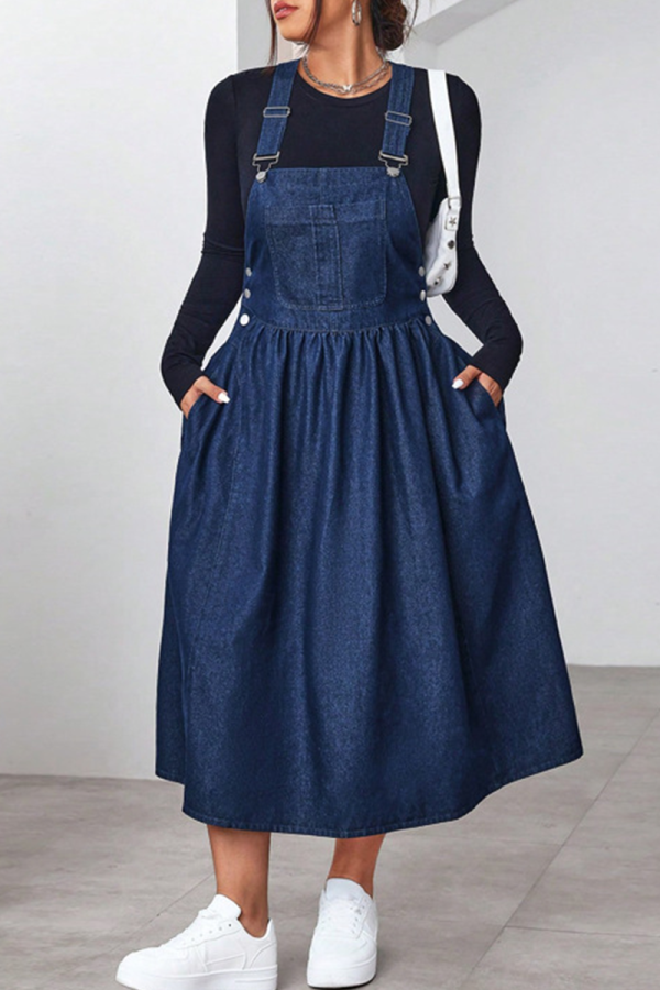 Deep Blue Casual Solid Color Pocket Strap Plus Size Dresses