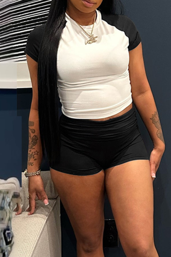Black Casual Contrast O Neck Short Sleeve Two Pieces