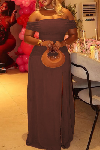 Dark Brown Sexy Solid Color Patchwork Off Shoulder Long Dresses