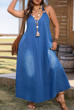Blue Sexy Solid Color Backless V Neck Denim Plus Size Dresses