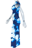 Tibetan Blue Elegant Print Patchwork Oblique Collar Long Dresses