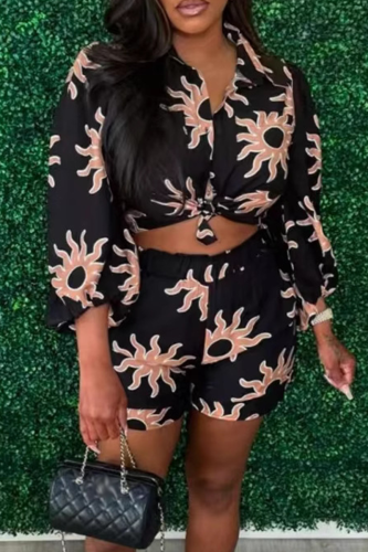 Black Casual Print Buckle Turndown Collar Three Quarter Two Pieces