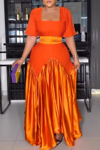 Orange Elegant Solid Color Patchwork Square Neck Long Dresses