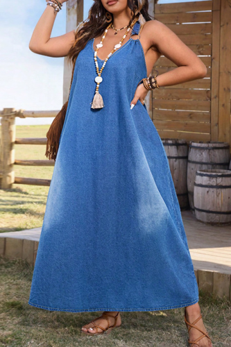 Blue Sexy Solid Color Backless V Neck Denim Plus Size Dresses