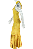Yellow Elegant Print Backless Strap Design Halter Long Dresses