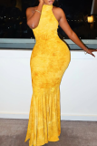 Yellow Elegant Print Backless Strap Design Halter Long Dresses