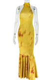 Yellow Elegant Print Backless Strap Design Halter Long Dresses