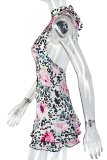 Colour Sexy Print Hollow Out Backless O Neck Wrapped Skirt Dresses