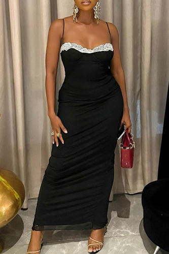 Black Sexy Solid Color Lace Spaghetti Strap Long Dresses