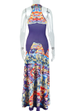 Purple Elegant Print O Neck Long Dresses