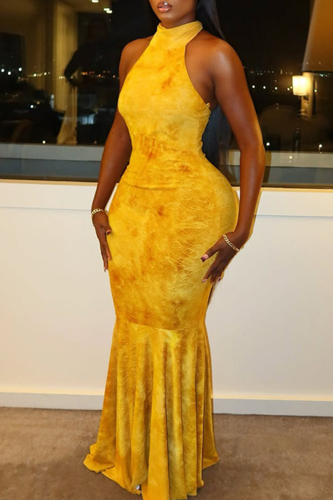 Yellow Elegant Print Backless Strap Design Halter Long Dresses