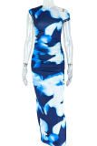 Tibetan Blue Elegant Print Patchwork Oblique Collar Long Dresses