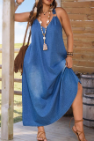 Blue Sexy Solid Color Backless V Neck Denim Plus Size Dresses