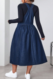Deep Blue Casual Solid Color Pocket Strap Plus Size Dresses