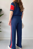 Navy Blue Casual Pocket Contrast O Neck Short Sleeve Two Pieces