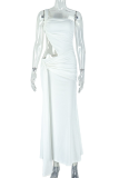White Sexy Solid Color Hollow Out Asymmetrical Collar Long Dresses