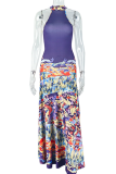 Purple Elegant Print O Neck Long Dresses