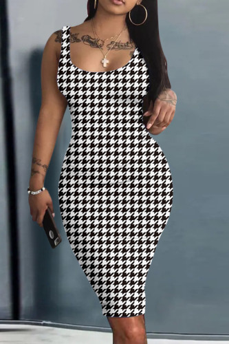 Black And White Sexy Print Basic U Neck Wrapped Skirt Dresses
