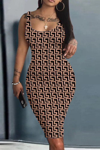 Black khaki Sexy Print Basic U Neck Wrapped Skirt Dresses