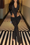 Black Sexy Solid Color Lace See-Through V Neck Long Sleeve Two Pieces