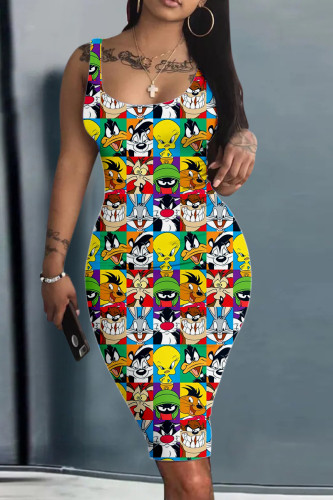 Colour Sexy Print Basic U Neck Wrapped Skirt Dresses