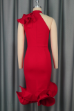 Red Elegant Solid Color Flounce O Neck Irregular Dresses