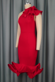 Red Elegant Solid Color Flounce O Neck Irregular Dresses