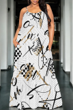 White Blue Sexy Print Spaghetti Strap Long Dresses