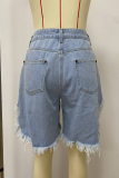 Blue Casual Solid Color Fringed Trim Irregular Mid Waist Loose Denim Shorts