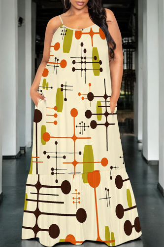 Beige Sexy Print Spaghetti Strap Long Dresses