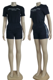 Black Casual Jacquard Letters Pocket Embroidery O Neck Short Sleeve Two Pieces