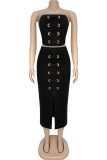 Black Sexy Solid Color Slit Strapless Sleeveless Two Pieces