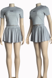 Grey Sexy Letters Patchwork O Neck Short Sleeve Two Pieces